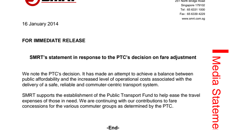 SMRT’s statement in response to the PTC’s decision on fare adjustment