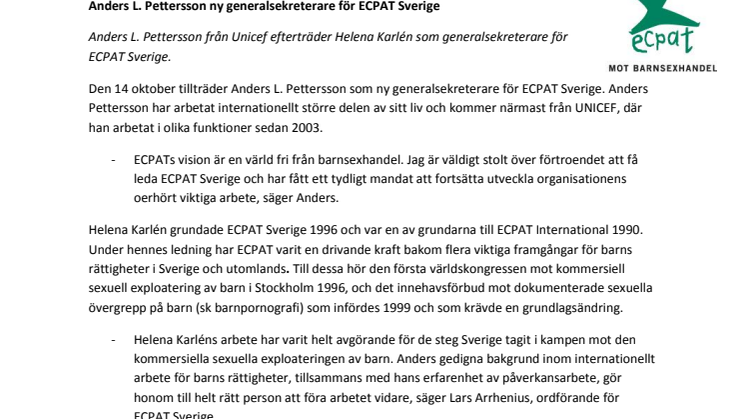 Anders L. Pettersson ny generalsekreterare för ECPAT Sverige