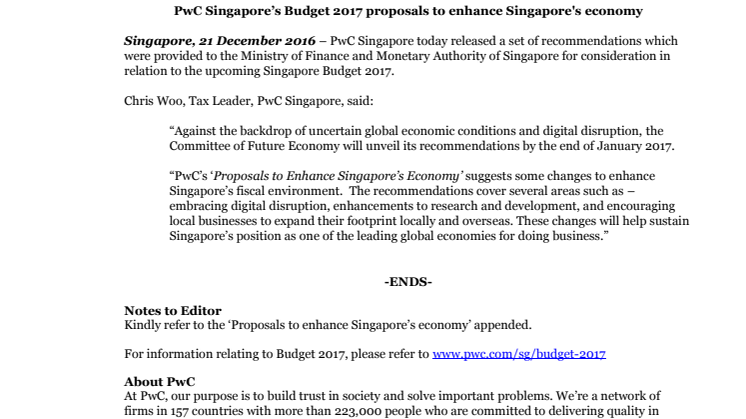 PwC Singapore’s Budget 2017 proposals to enhance Singapore's economy