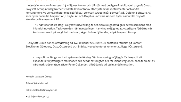 Inlandsinnovation investerar 25 miljoner i Loxysoft Group