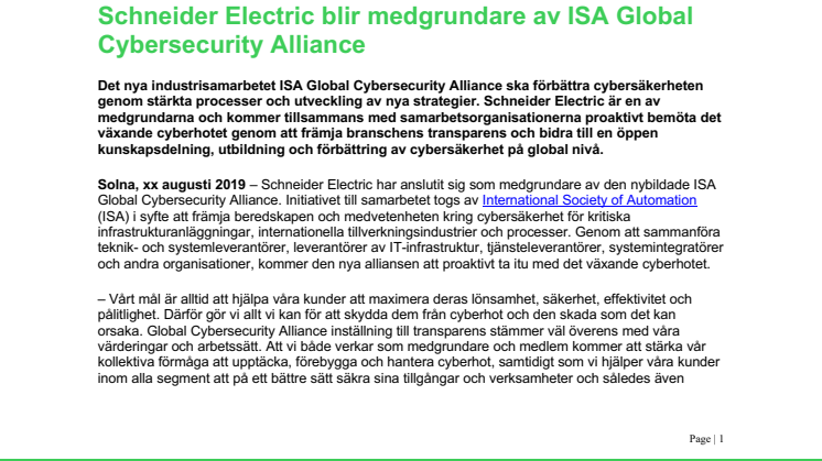 Schneider Electric blir medgrundare av ISA Global Cybersecurity Alliance