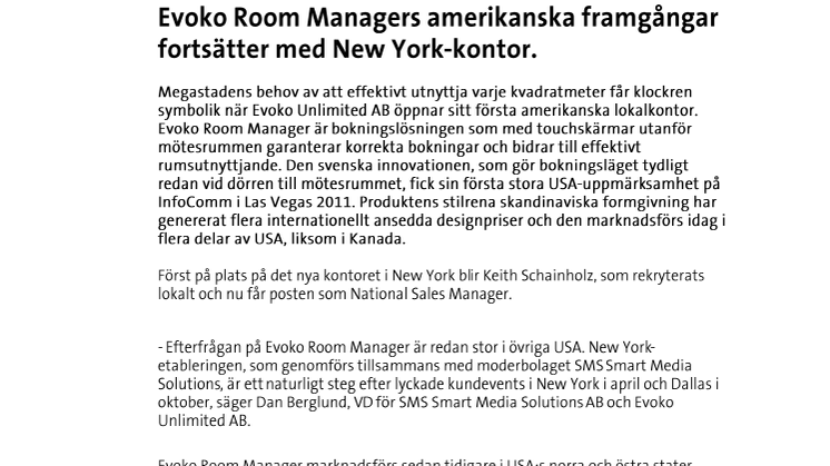 Evoko Room Managers amerikanska framgångar fortsätter med New York-kontor.