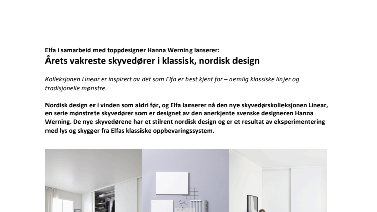 Elfa i samarbeid med toppdesigner Hanna Werning lanserer: Årets vakreste skyvedører i klassisk, nordisk design