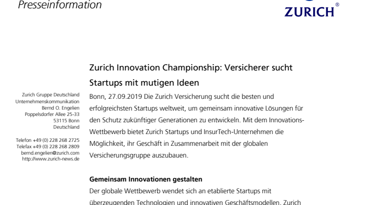 Zurich Innovation Championship: Versicherer sucht Startups mit mutigen Ideen 
