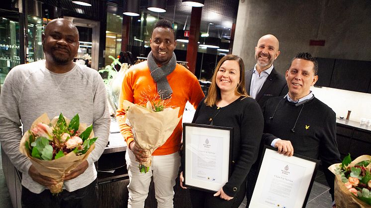 Assiom Akapo och Mahad Issa från Clean Car Service, Johanna Kiviniemi från Volvo Bil, Daniel Wiese från Vägen ut! kooperativen, Sergio Garay från SDF Västra Hisingen.