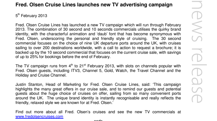 Fred. Olsen Cruise Lines launches new TV advertising campaign