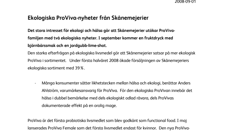 Ekologiska ProViva-nyheter från Skånemejerier