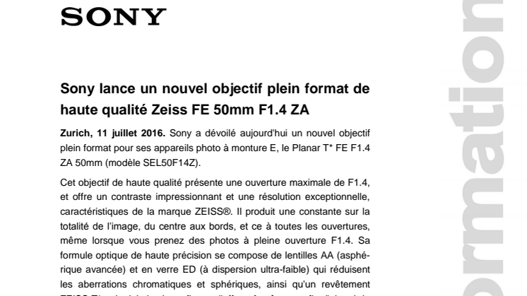 ​Sony lance un nouvel objectif plein format de haute qualité Zeiss FE 50mm F1.4 ZA
