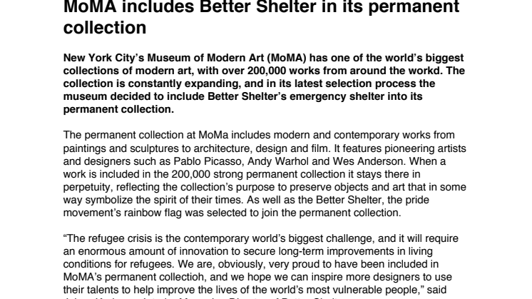 MoMA includes Better Shelter in its permanent collection