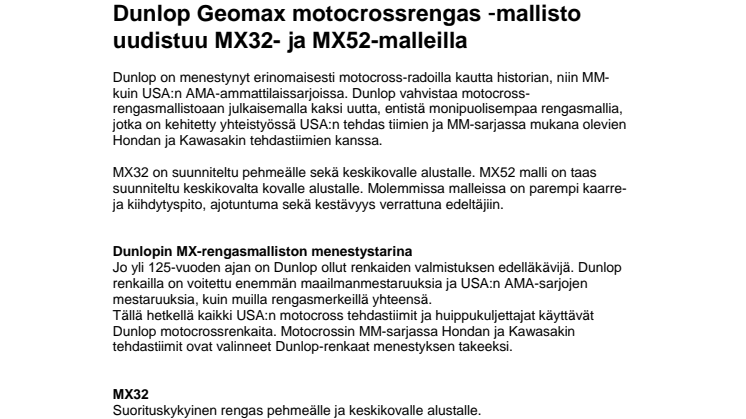 Dunlop Geomax motocrossrengas  mallisto uudistuu MX32- ja MX52-malleilla