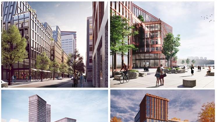 Kollaget visar på hur delar av bebyggelsen kan komma att se ut inom planområdet.  