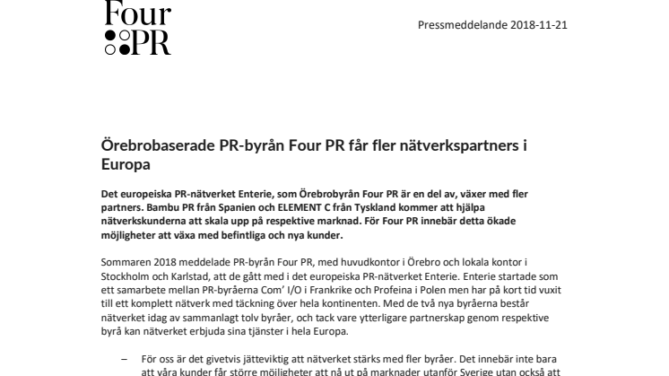 Örebrobaserade PR-byrån Four PR får fler nätverkspartners i Europa