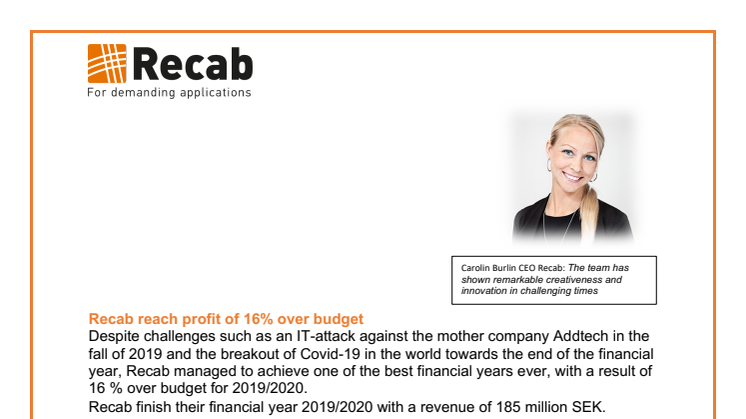  Recab Success - Reach profit of 16% over budget (A Part Of the Addtech Group)
