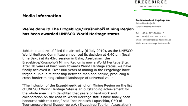 We’ve done it! The Erzgebirge/Krušnohoří Mining Region has been awarded UNESCO World Heritage status