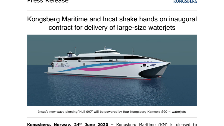 Kongsberg Maritime and Incat shake hands on inaugural contract for delivery of large-size waterjets