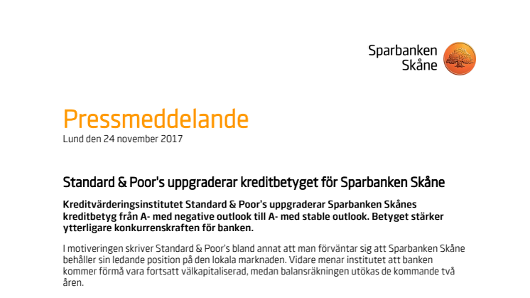 Standard & Poor’s uppgraderar kreditbetyget för Sparbanken Skåne