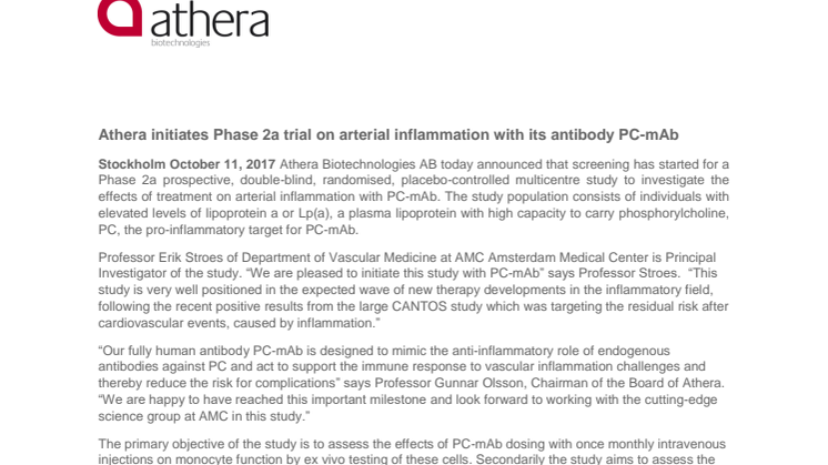 ​Athera initiates Phase 2a trial on arterial inflammation with its antibody PC-mAb