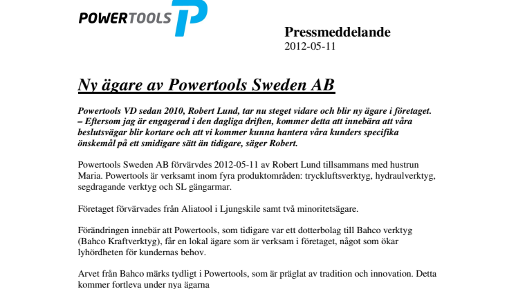 Ny ägare av Powertools Sweden AB