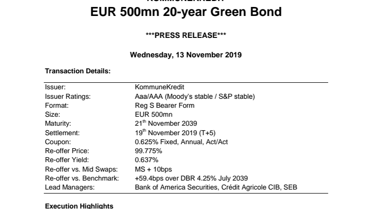 KOMMUNEKREDIT EUR 500mn 20-year Green Bond 
