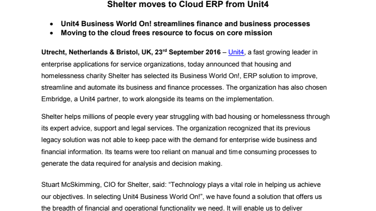 Brittisk välgörenhetsorganisation väljer molnlösning från Unit4