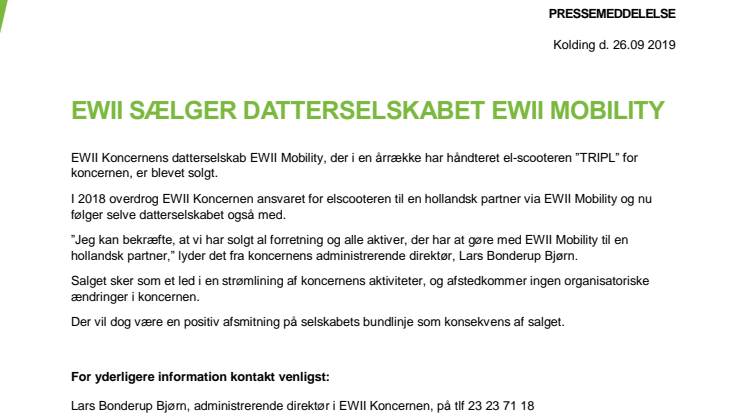 EWII sælger datterselskabet EWII Mobility