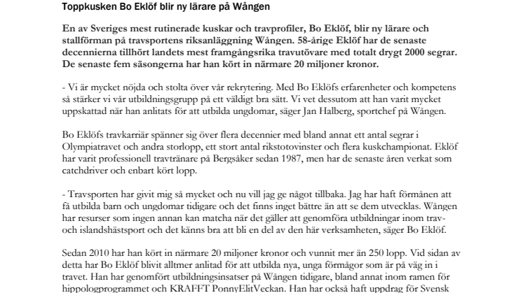 Toppkusken Bo Eklöf blir ny lärare på Wången