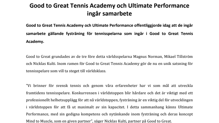 Good to Great Tennis Academy och Ultimate Performance ingår samarbete