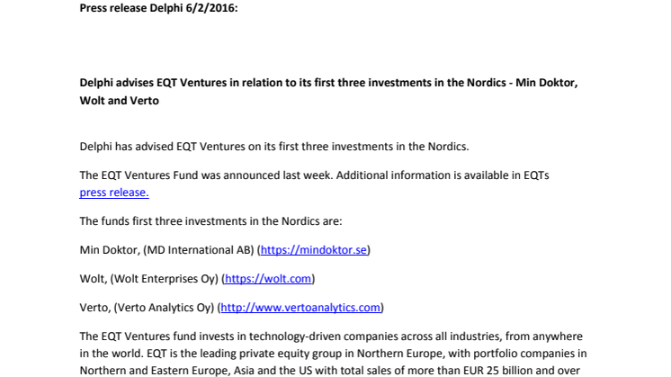 Delphi advises EQT Ventures in relation to its first three investments in the Nordics - Min Doktor, Wolt and Verto 