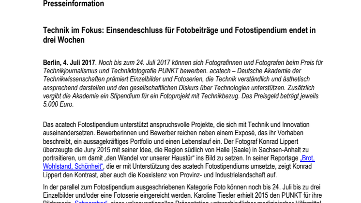 Technik im Fokus: Einsendeschluss für Fotobeiträge und Fotostipendium endet in drei Wochen