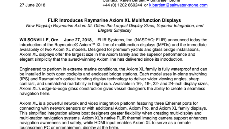 Raymarine: FLIR Introduces Raymarine Axiom XL Multifunction Displays