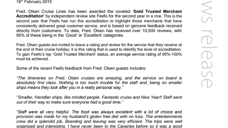Fred. Olsen Cruise Lines is proud to be recognised as a Feefo ‘Gold Trusted Merchant’ for the second year in a row