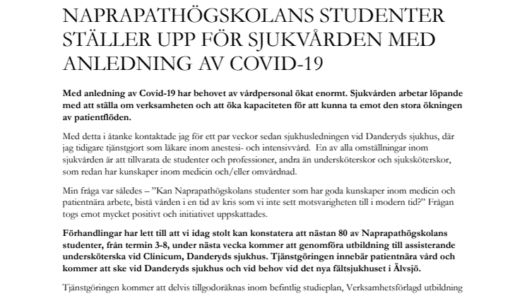 Naprapathögskolans studenter ställer upp för sjukvården med anledning av Covid-19