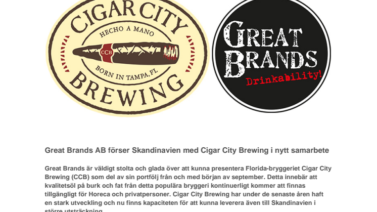 Great Brands AB förser Skandinavien med Cigar City Brewing i nytt samarbete