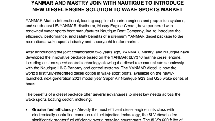 YANMAR and Mastry Join with Nautique to Introduce New Diesel Engine Solution to Wake Sports Market