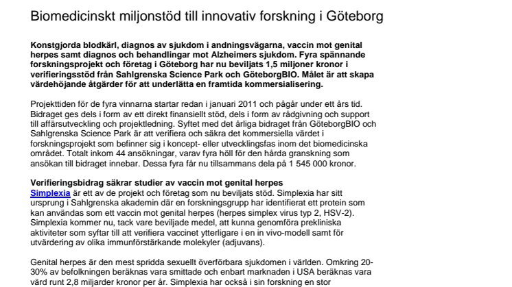 Biomedicinskt miljonstöd till innovativ forskning i Göteborg