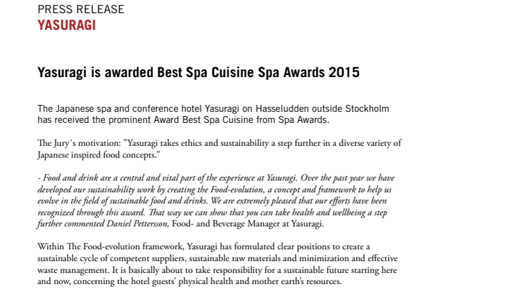 Yasuragi is awarded Best Spa Cuisine in Spa Awards 2015