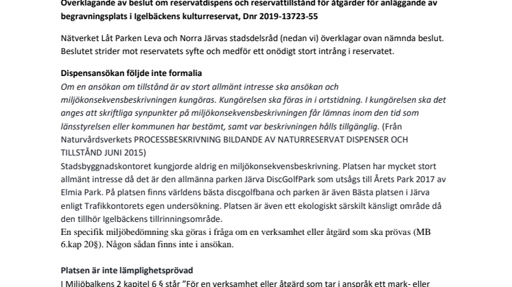 Låt Parken Leva och Norra Järva stadsdelsråds gemensamma överklagan av reservatstillstånd - mars 2020