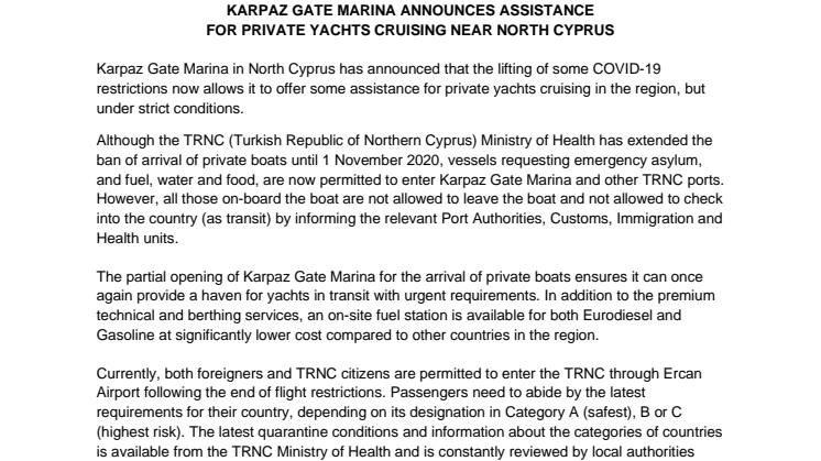 Karpaz Gate Marina Announces Assistance for Private Yachts Cruising Near North Cyprus