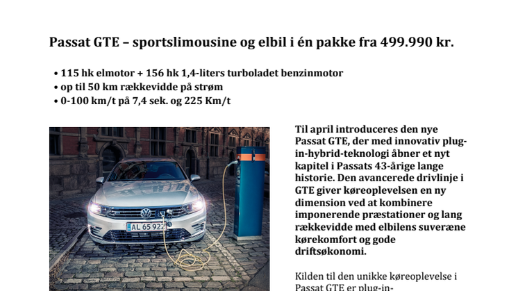 Passat GTE – sportslimousine og elbil i én pakke fra 499.990 kr.