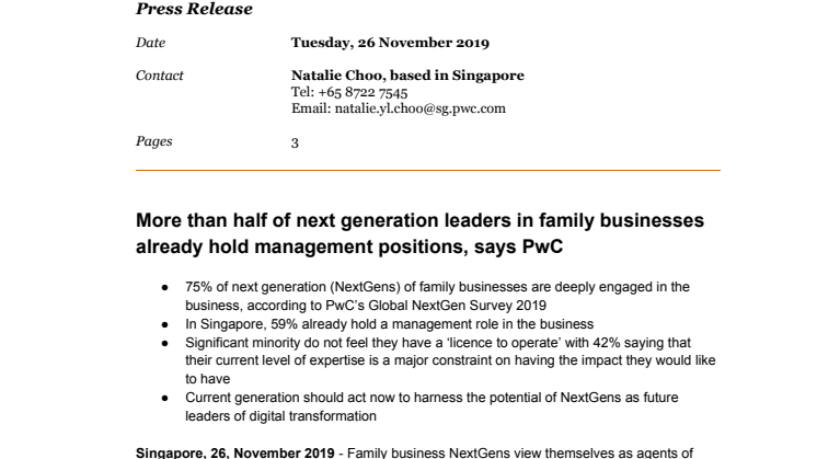 More than half of next generation leaders in family businesses already hold management positions, says PwC