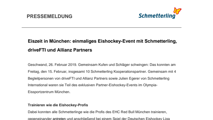 Eiszeit in München: einmaliges Eishockey-Event mit Schmetterling, driveFTI und Allianz Partners 