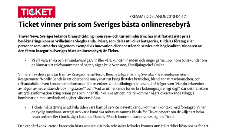 Ticket vinner pris som Sveriges bästa onlineresebyrå
