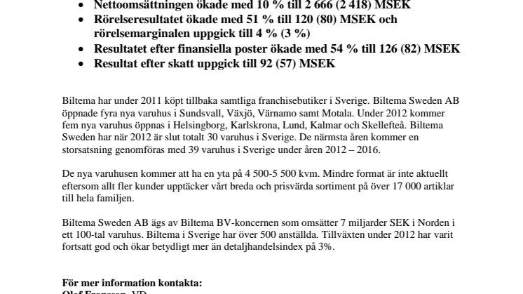 Biltemakoncernens bokslut för 2011 i Sverige