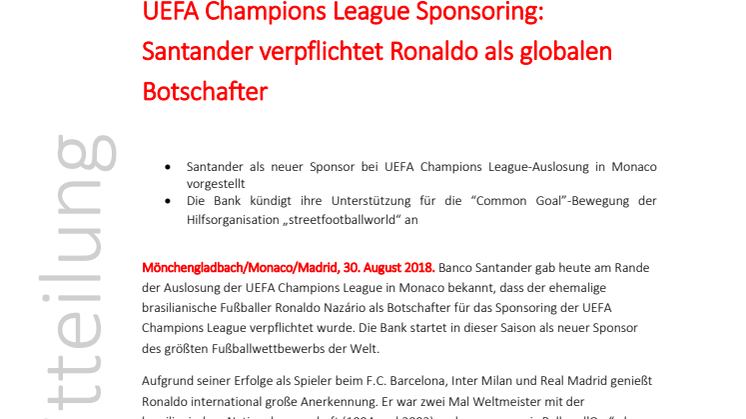 UEFA Champions League Sponsoring:  Santander verpflichtet Ronaldo als globalen Botschafter 