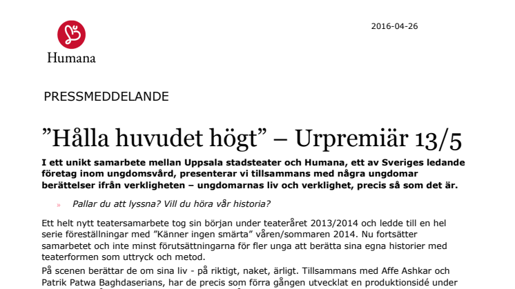 ”Hålla huvudet högt” – Urpremiär 13/5