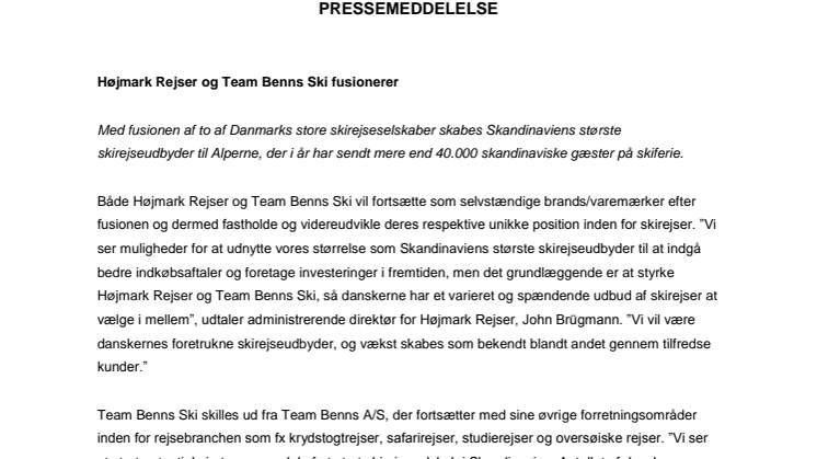 Højmark Rejser og Team Benns Ski fusionerer