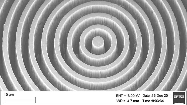 Förstorad bild (elektronmikroskop) av diamantkoronagrafens centrala del visande det mikrofabricerade cirkulära gittret.