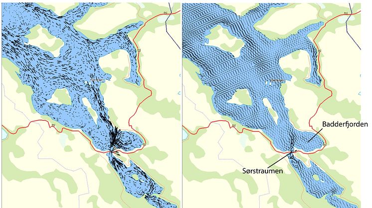 Resultater fra FVCOM (til venstre) og ROMS (til høyre) i Kvænangen i Nord-Troms. Figuren viser midlere sirkulasjon og det er tydelig at FVCOM gir en betydelig kraftigere sirkulasjon i Sørstraumen enn ROMS.