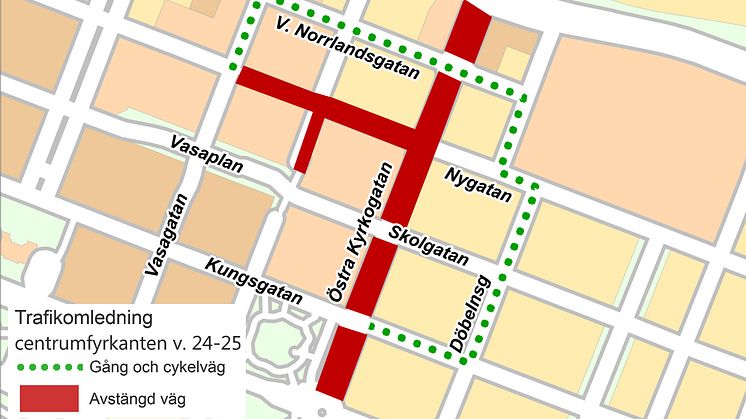 Karta över trafikomledning på gator kring badhuset Navet