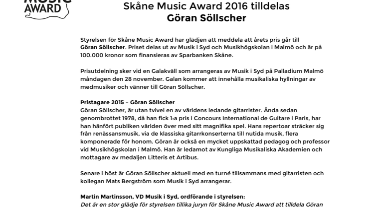 Skåne Music Award 2016 tilldelas Göran Söllscher